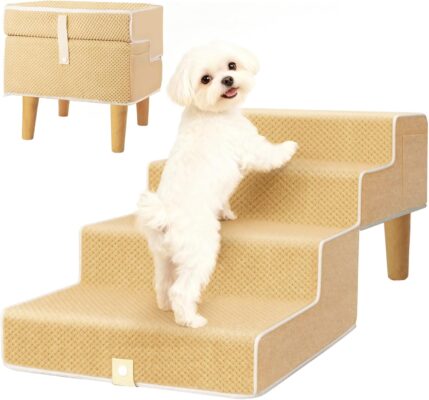 ouaohu Dog Ramp Ottoman Foldable for Couch & Low Bed – 3-in-1 Wooden Dog Stairs & Foam Steps for Small, Medium & Older Dogs and Cats, Non-Slip Indoor Joint-Friendly Pet Ramps with Split Ottoman Design