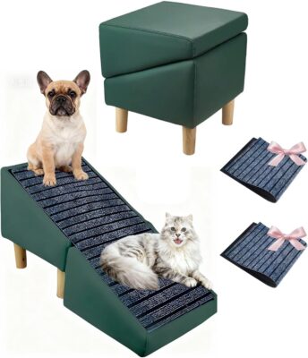 2-in-1 Convertible Pet Ramp and Ottoman, Foldable Wooden Dog Stairs with Non-Slip Mat, Cream Color Cat Scratcher Step Stool for Small Dogs and Cats, Portable Bed and Couch Access (Green)