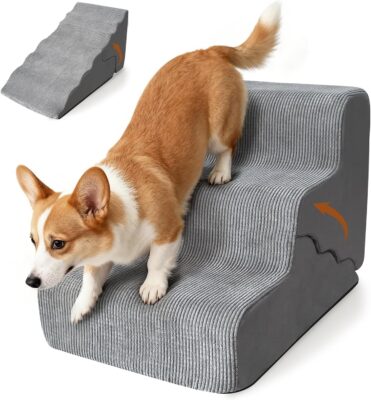Pet Dog Stairs for Small Dogs, 2 in 1 Transformable 3-Step Pet Stairs and Wave Anti-Fall Slope for Short Legs and Long Legs Dog, for Couch (12-19 in) with Durable Non-Slip Waterproof Cover（Grey）