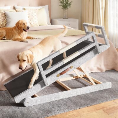 Dog Ramp for Bed–Foldable Wooden Ramp with Soft Plush Fabric Cover & Safety Side Rails 16”–24” Adjustable Height, Non-Slip Walking Surface, Wide 17.7" Platform – Up to 200 lbs
